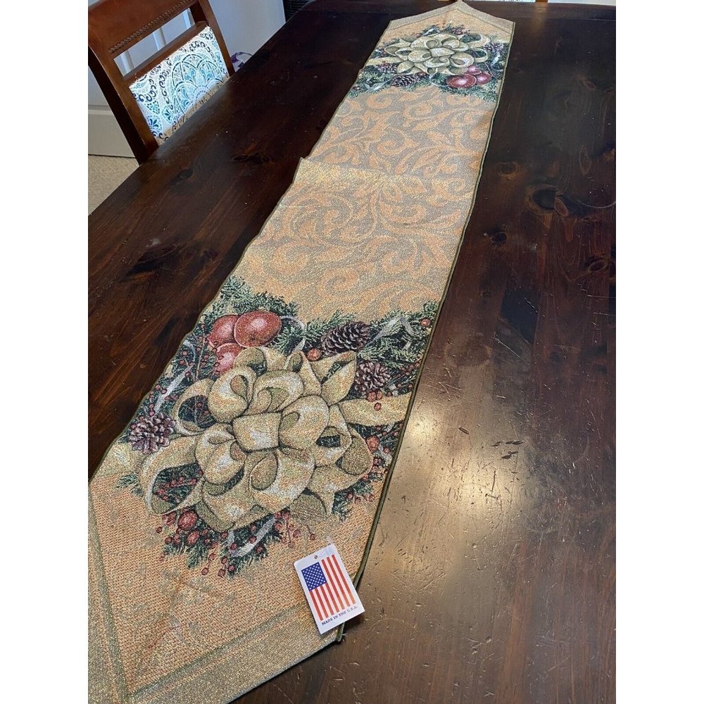 Metallic Christmas Bow and pine cone 13"x 72" Tapestry Table Runner